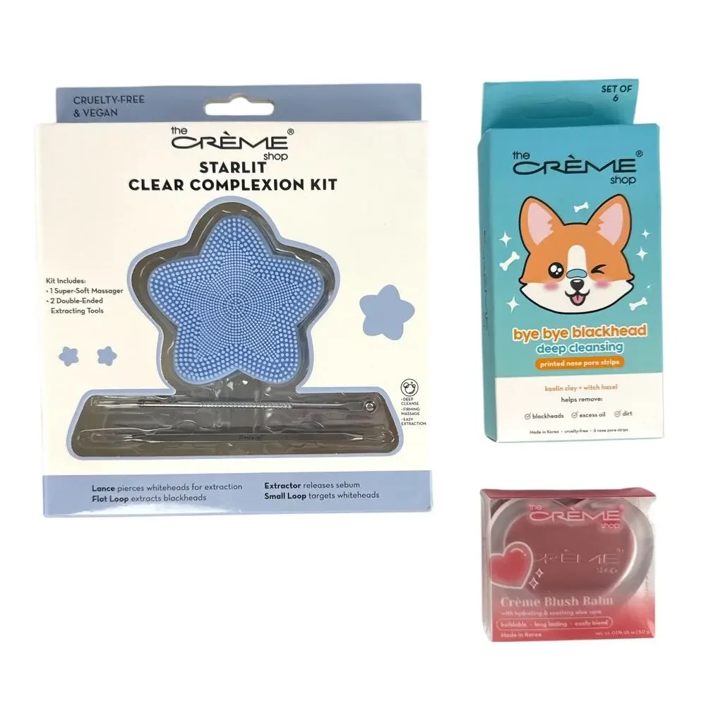 The Crème Shop Skincare Gift Set NWT Blackhead Nose Strips Blush Tools